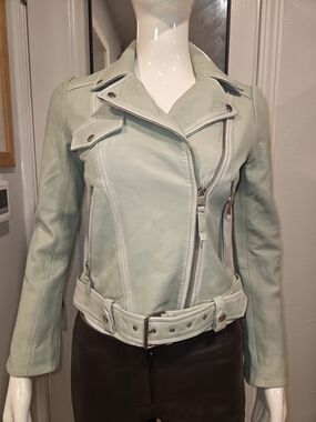 Barneys New York NWT Mint Green Leather Moto Jacket Sz 8
